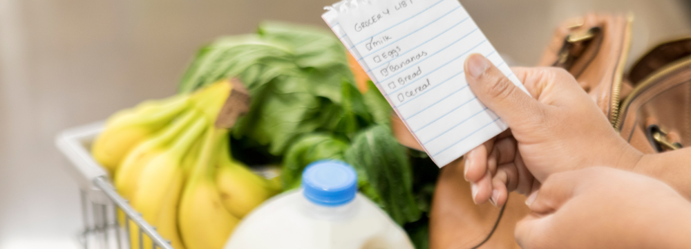 Grocery list is seen in-front of healthy foods in a grocery cart 